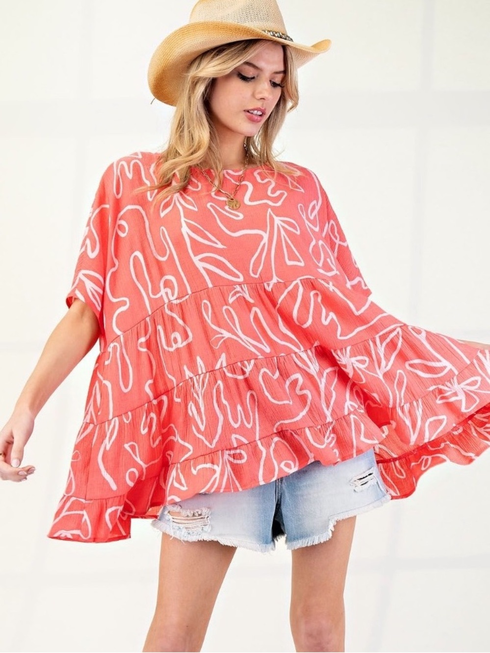 easel Coral Pink Tiered Swing Top with White Abstract Print